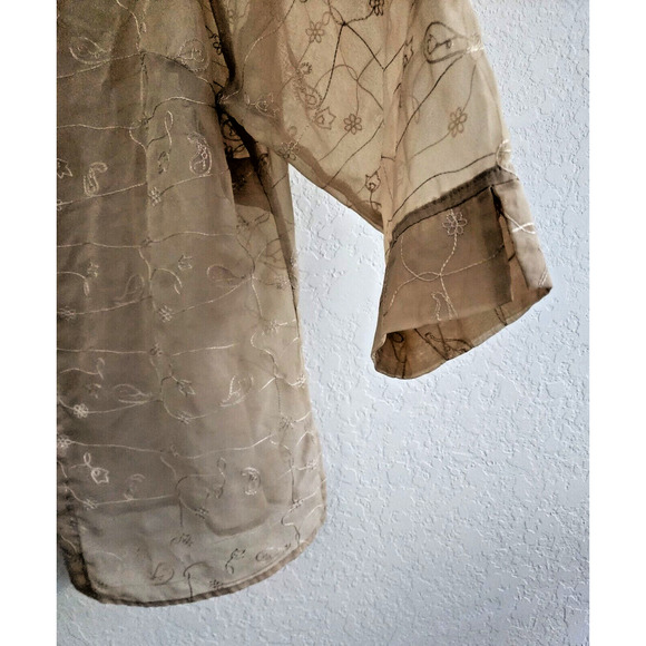 TOP/BLOUSE-WHITE STAG-Tan-Sheer-Button Up-Embroidery-3/4 Sleeves-Size Plus 16 W - Picture 3 of 16